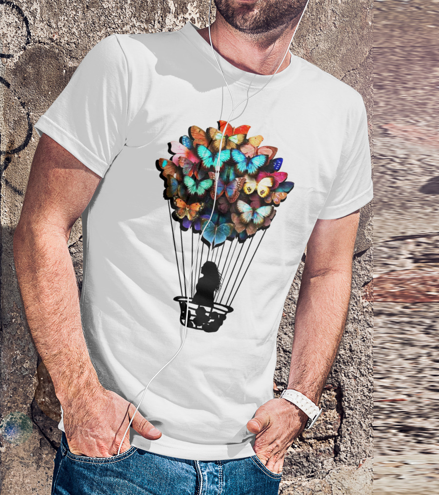 Butterfly BU01 Hot Air Balloon Silhouette With Colorful Wings T-Shirt