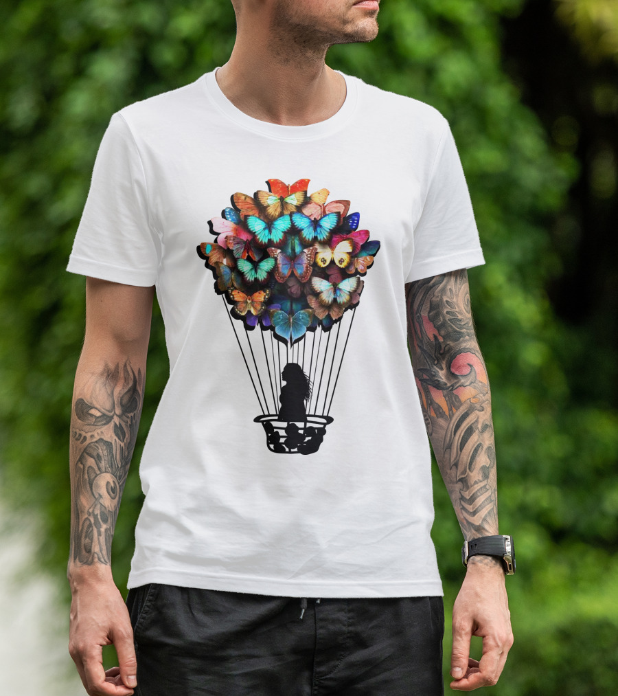 Butterfly BU01 Hot Air Balloon Silhouette With Colorful Wings T-Shirt