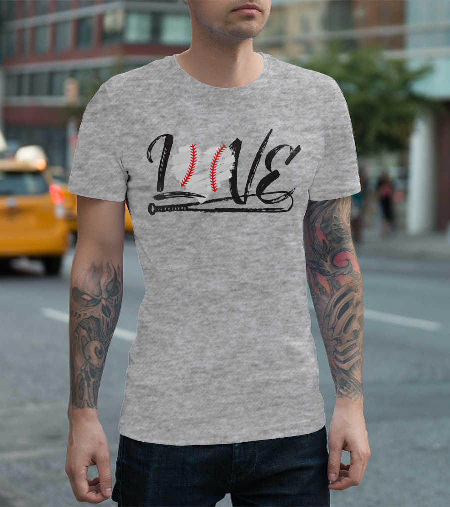 Love Baseball Bat Heart Stitching T-Shirt