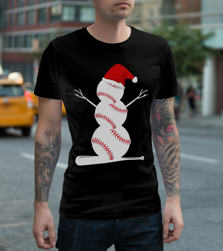 Baseball Snowman Santa Hat Bat Christmas BA01 T-Shirt