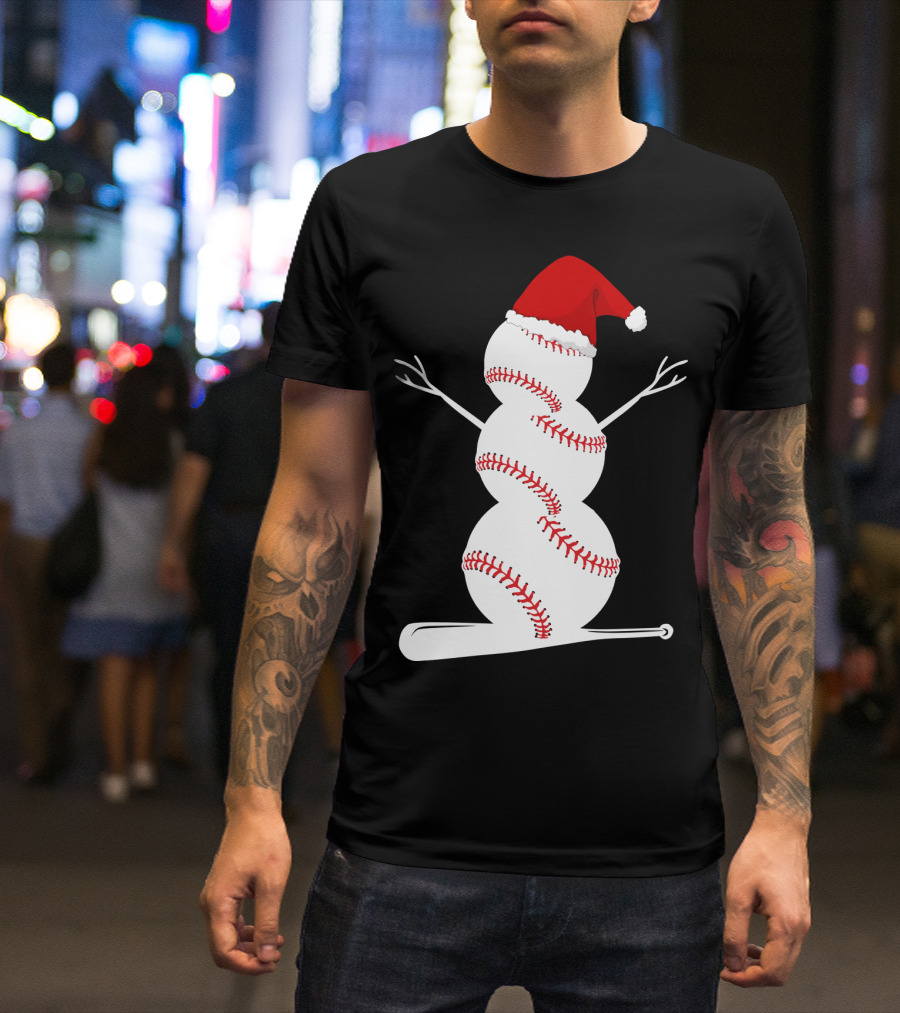 Baseball Snowman Santa Hat Bat Christmas BA01 T-Shirt