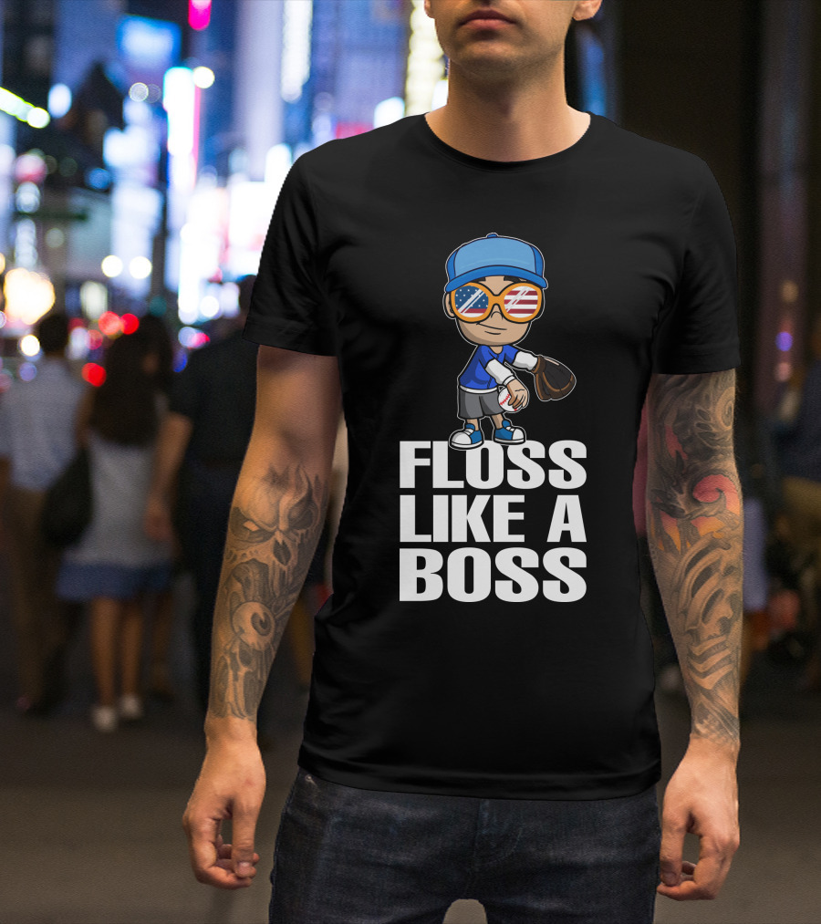 Floss Like A Boss Baseball Player American Flag Sunglasses T-Shirt