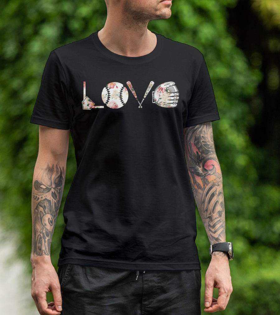 Love Baseball Floral Bat Glove Home Plate T-Shirt
