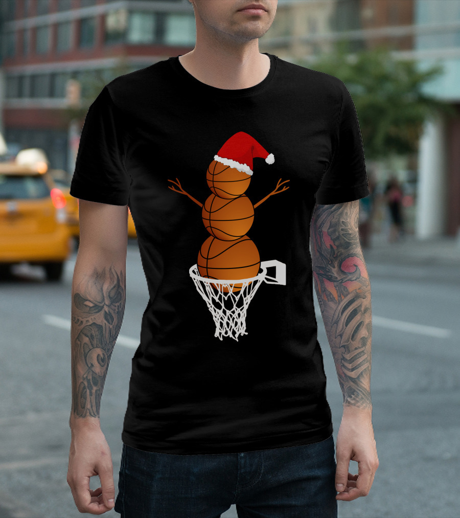 Basketball Snowman with Santa Hat in Hoop T-Shirt
