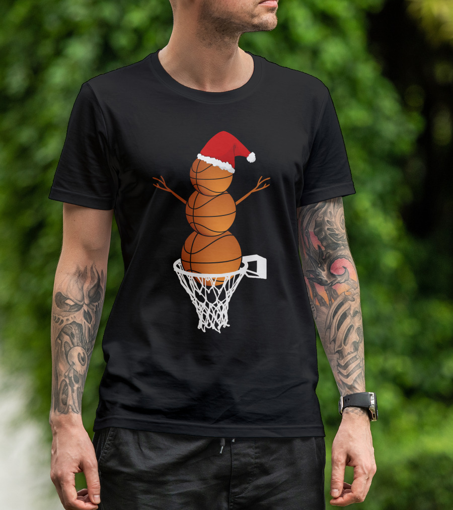 Basketball Snowman With Santa Hat In Hoop T-Shirt