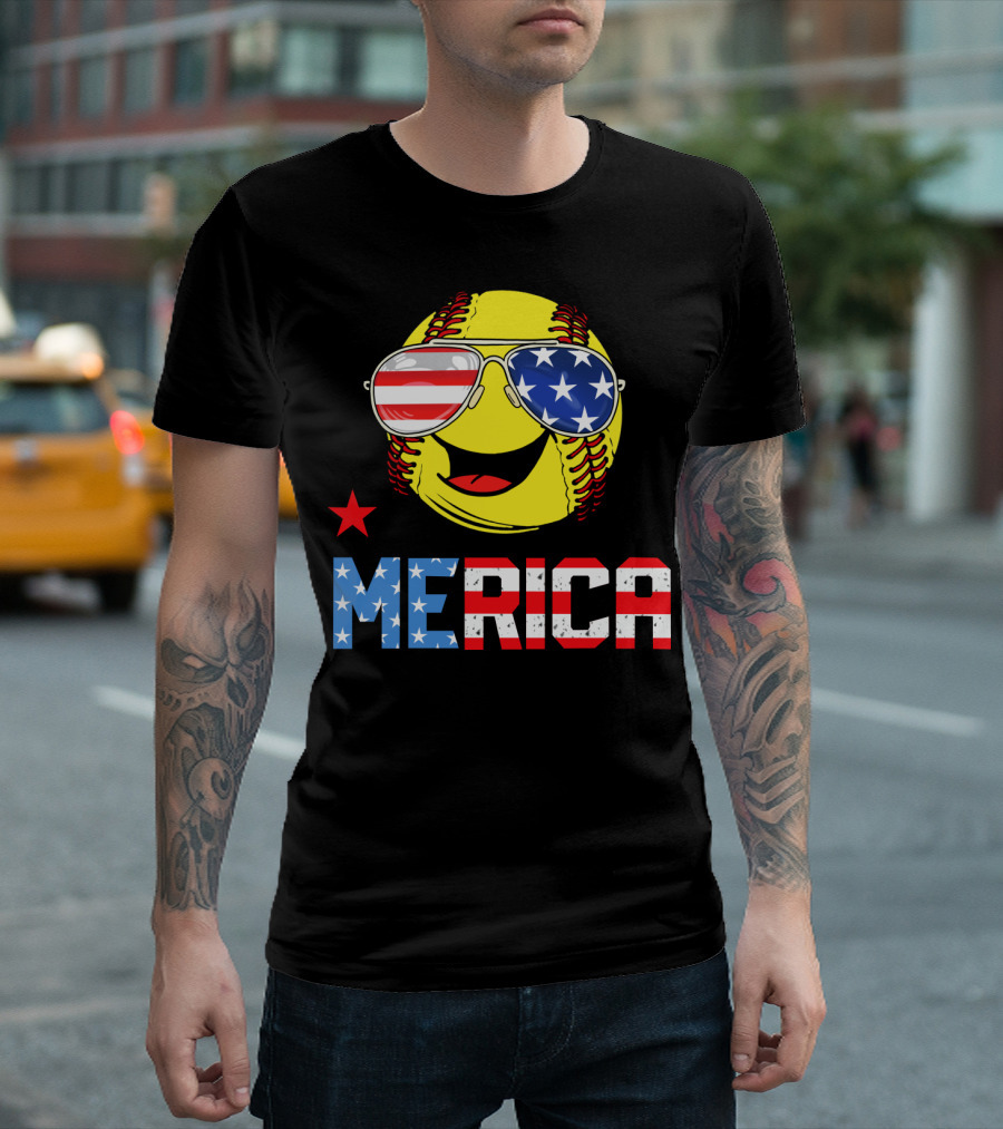 Softball MERICA Smiling Baseball with American Flag Sunglasses T-Shirt