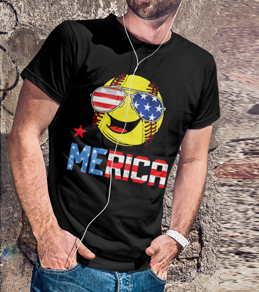 Softball MERICA Smiling Baseball With American Flag Sunglasses T-Shirt