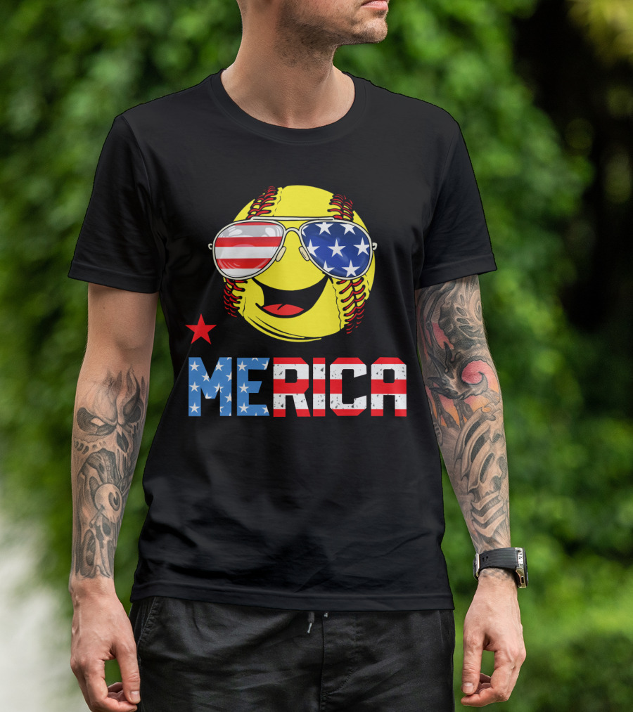 Softball MERICA Smiling Baseball With American Flag Sunglasses T-Shirt