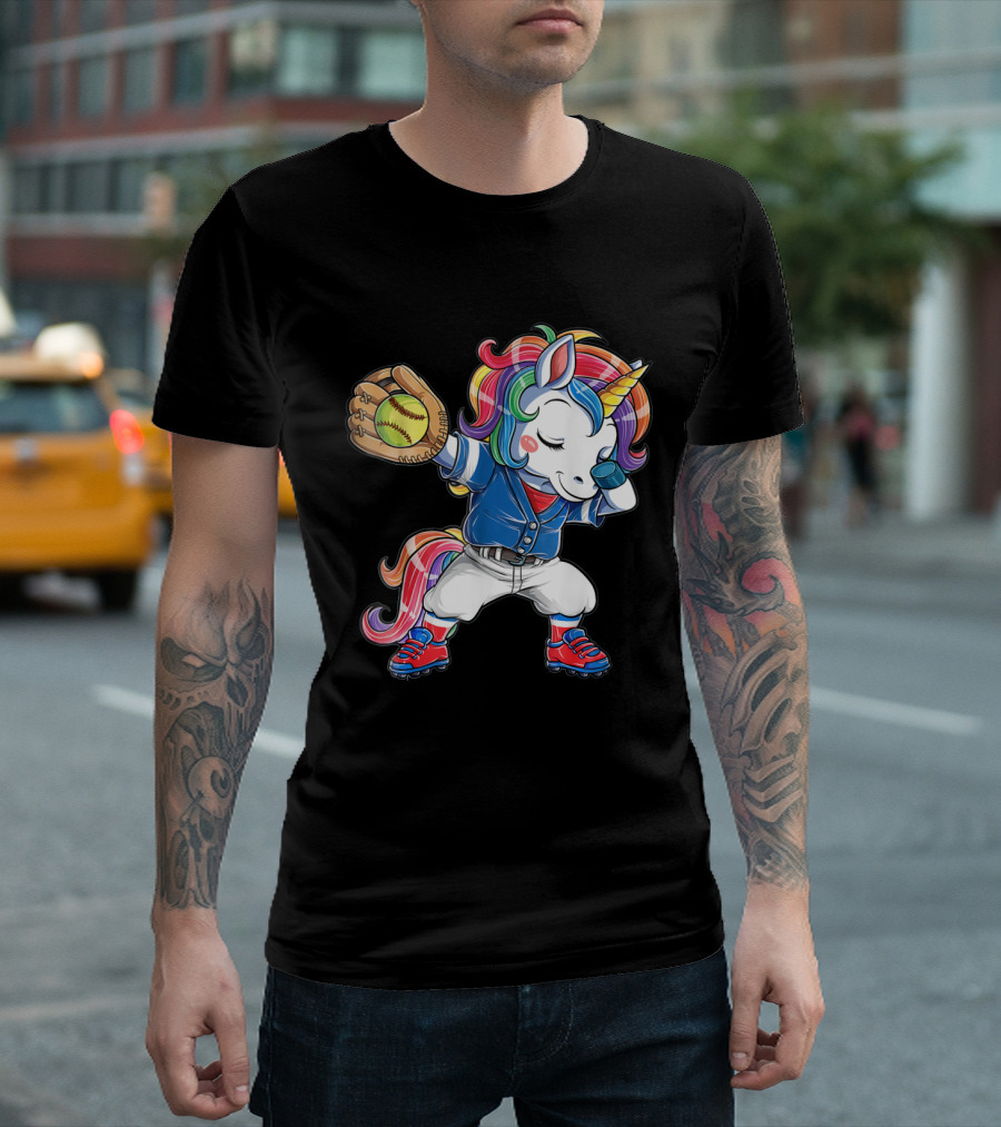 Unicorn Dabbing Rainbow Softball Player Catching Glove T-Shirt