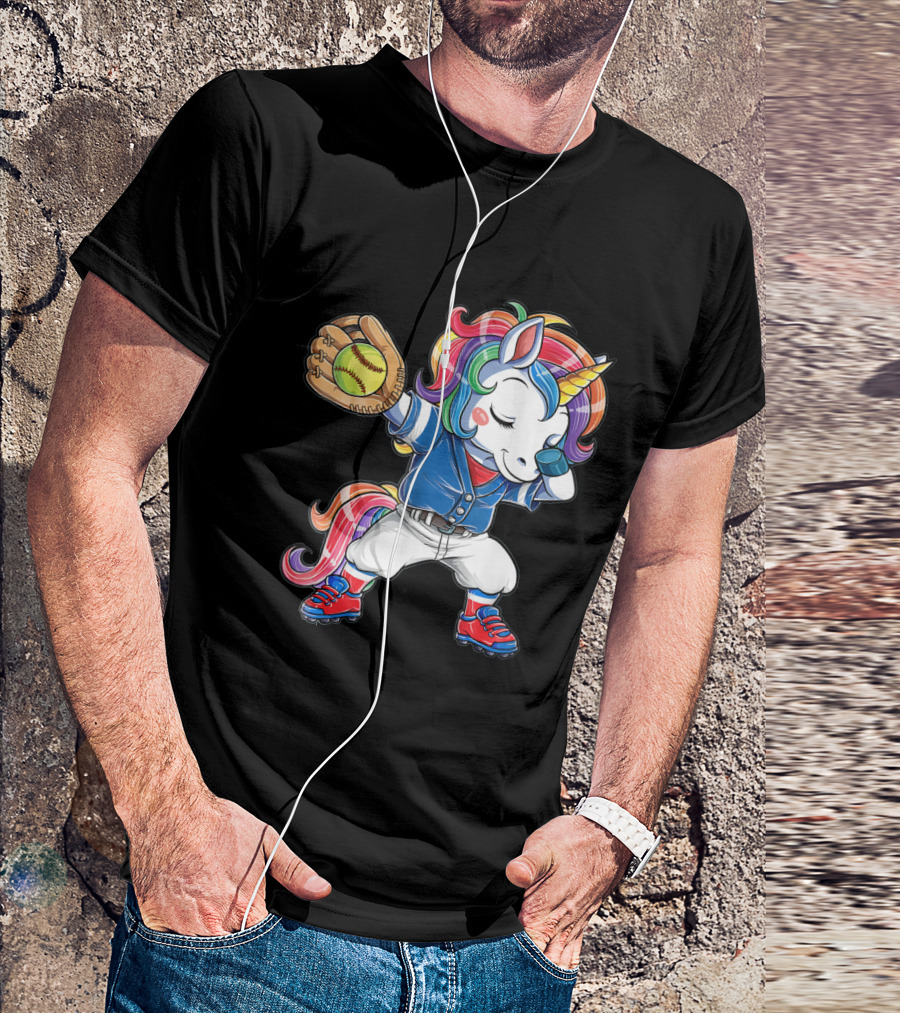 Unicorn Dabbing Rainbow Softball Player Catching Glove T-Shirt