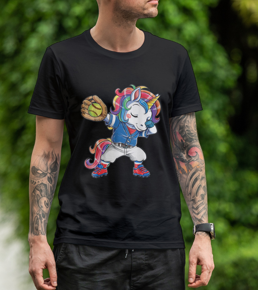 Unicorn Dabbing Rainbow Softball Player Catching Glove T-Shirt