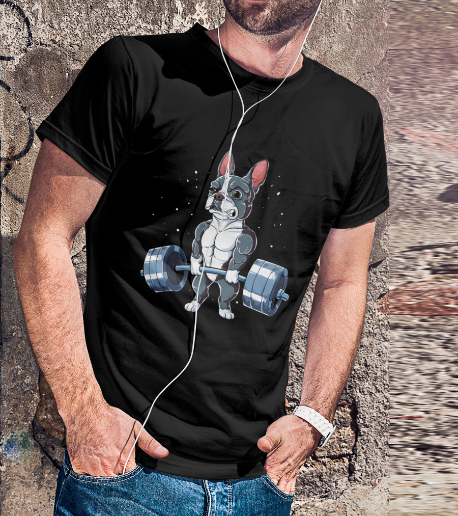 Weight Lifting Boston Terrier With Barbell T-Shirt