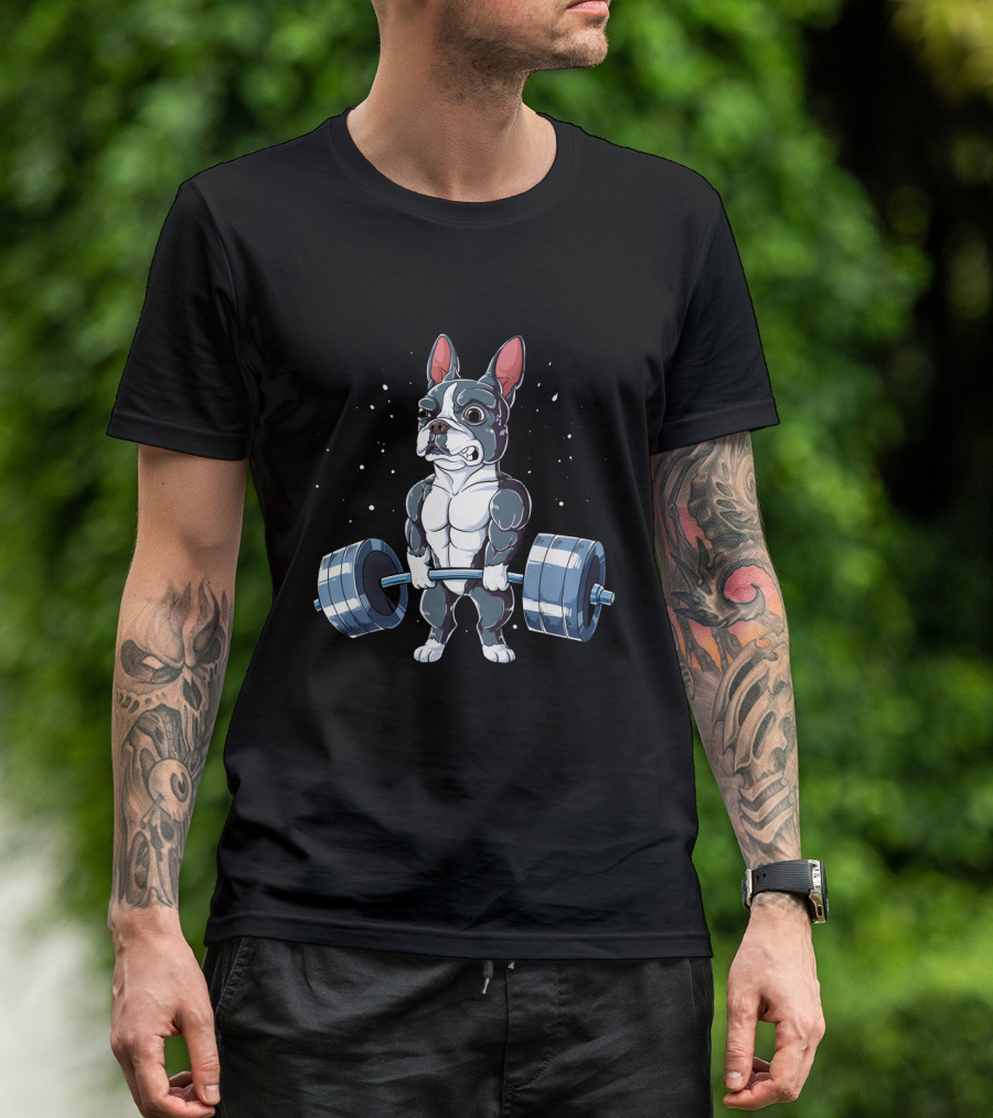 Weight Lifting Boston Terrier With Barbell T-Shirt