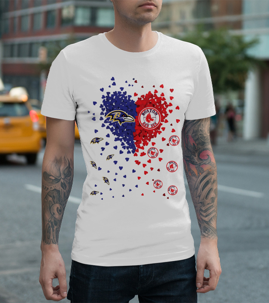 Baltimore Ravens Heart with Boston Red Sox Logo Hearts T-Shirt