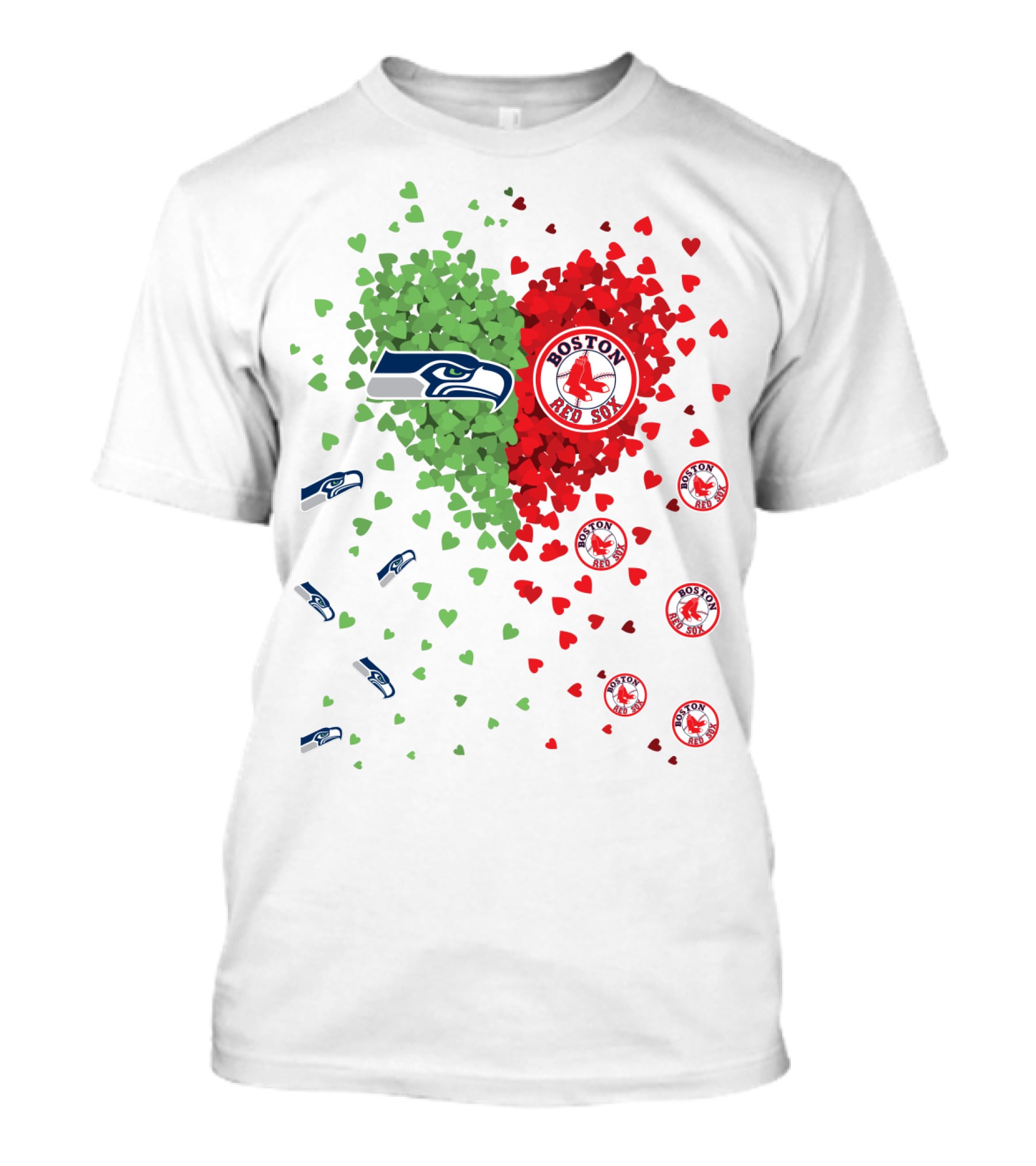 Seahawks And Boston Red Sox Heart Design With Logos And Symbols T-Shirt