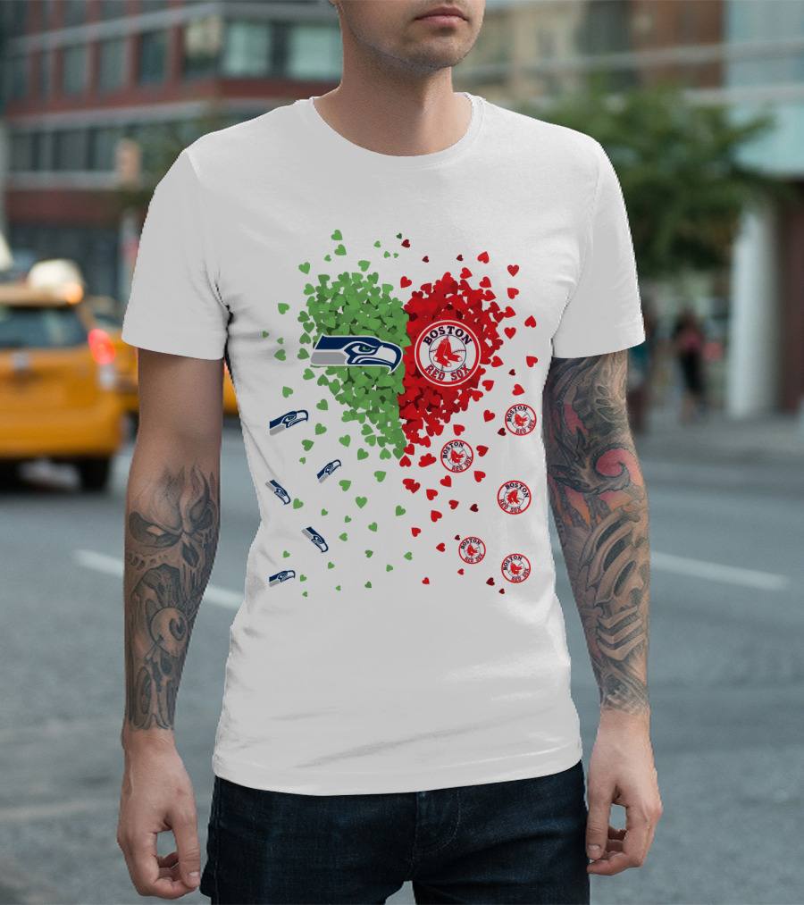Seahawks and Boston Red Sox Heart Design with Logos and Symbols T-Shirt