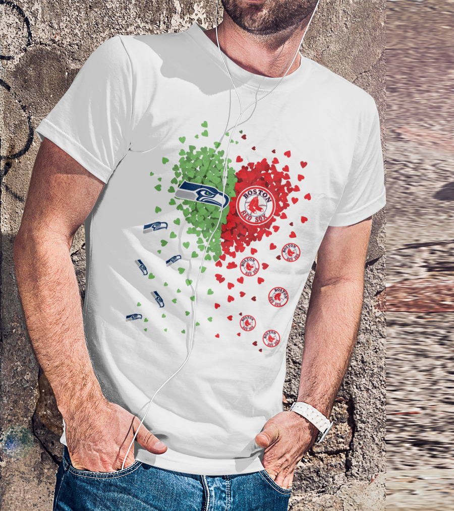 Seahawks And Boston Red Sox Heart Design With Logos And Symbols T-Shirt