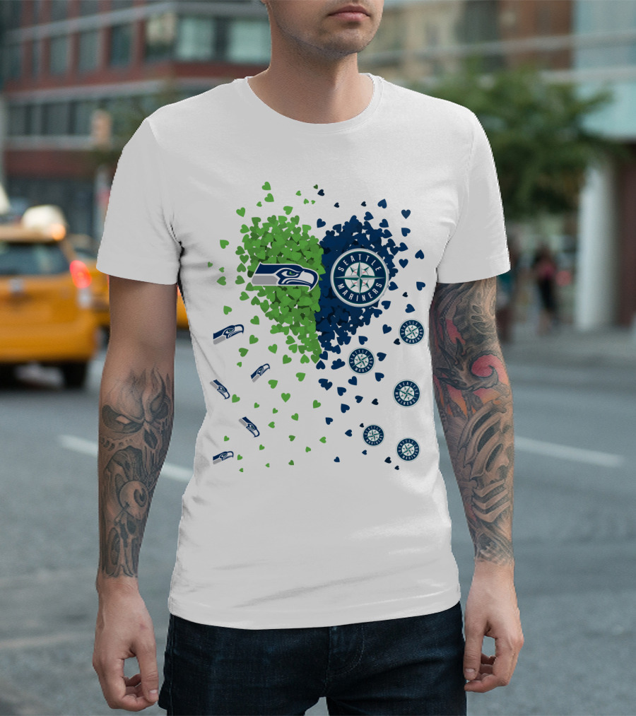 Seahawks Mariners Heart Design with Logos and Hearts T-Shirt
