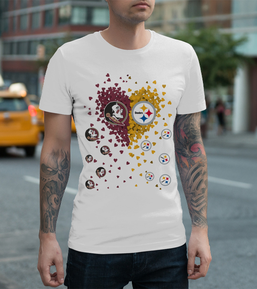 Heart Seminoles Steelers Logo Fan Collage T-Shirt