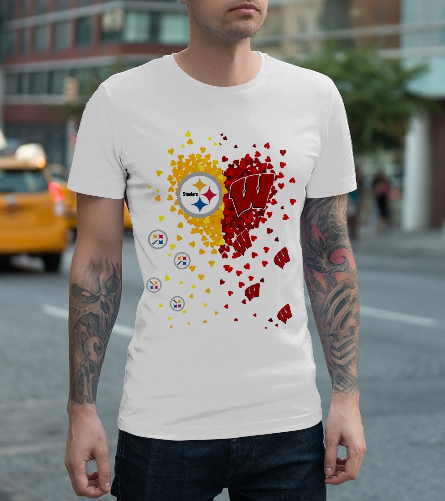 Steelers Logo And University Of Wisconsin Badgers Heart Design Featuring Yellow And Red Hearts T-Shirt