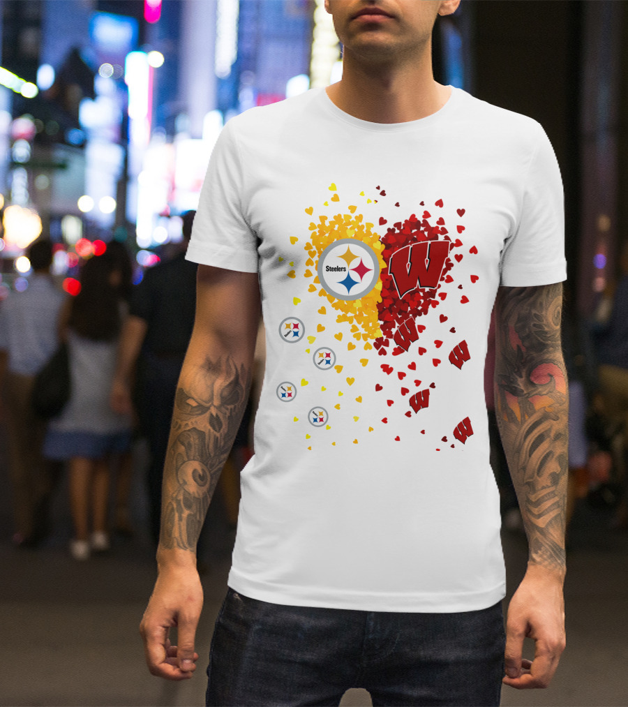 Steelers Logo And University Of Wisconsin Badgers Heart Design Featuring Yellow And Red Hearts T-Shirt