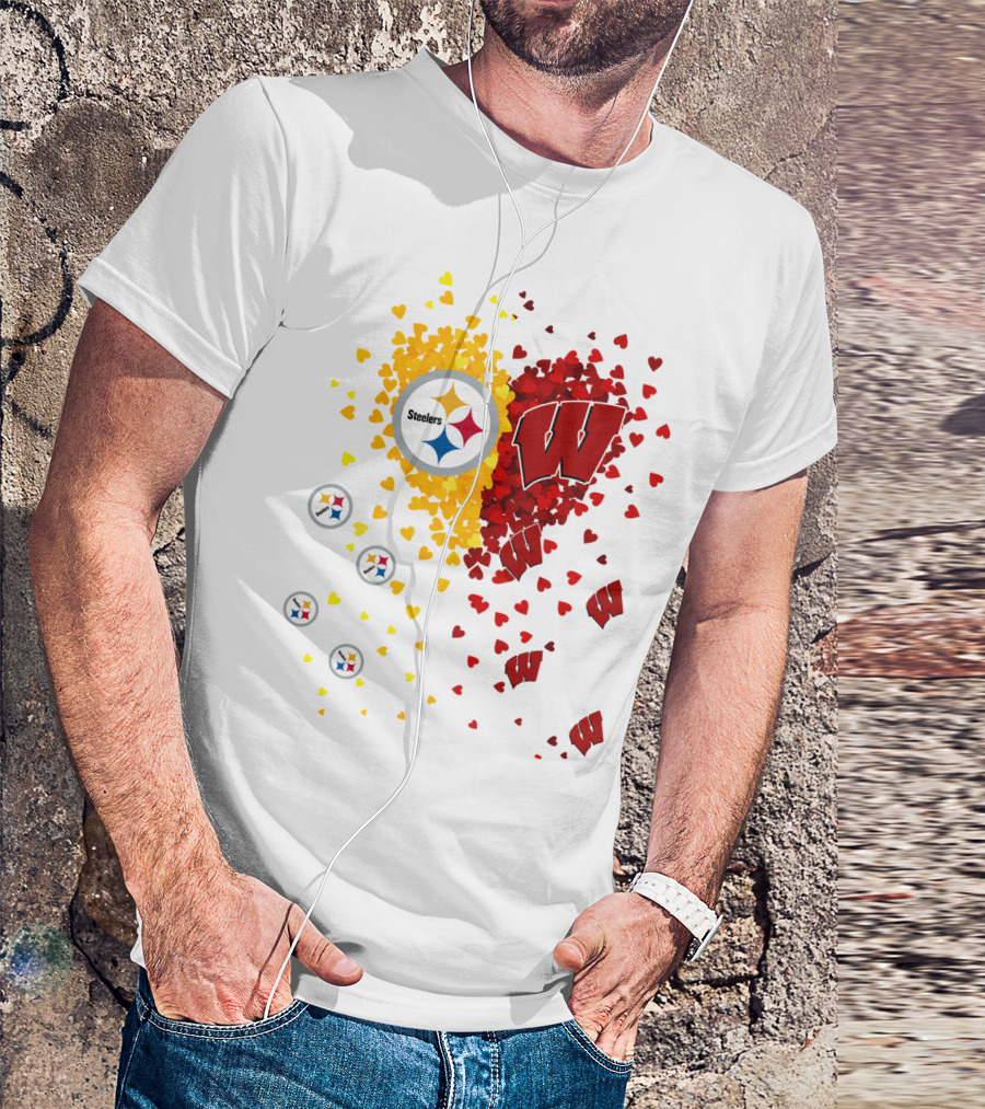 Steelers Logo And University Of Wisconsin Badgers Heart Design Featuring Yellow And Red Hearts T-Shirt