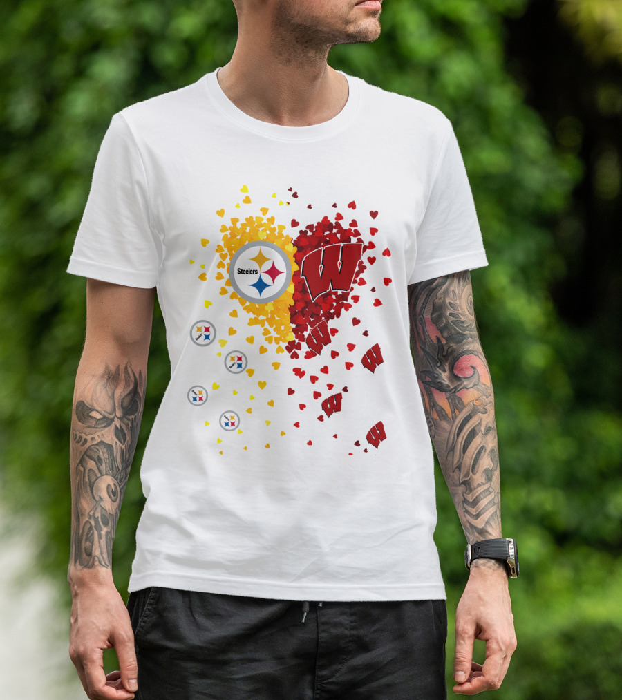 Steelers Logo And University Of Wisconsin Badgers Heart Design Featuring Yellow And Red Hearts T-Shirt