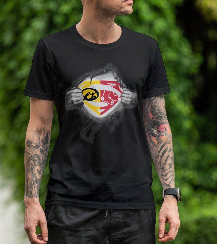 Hawkeyes Iowa Boston Red Sox Superman Logo Fusion T-Shirt