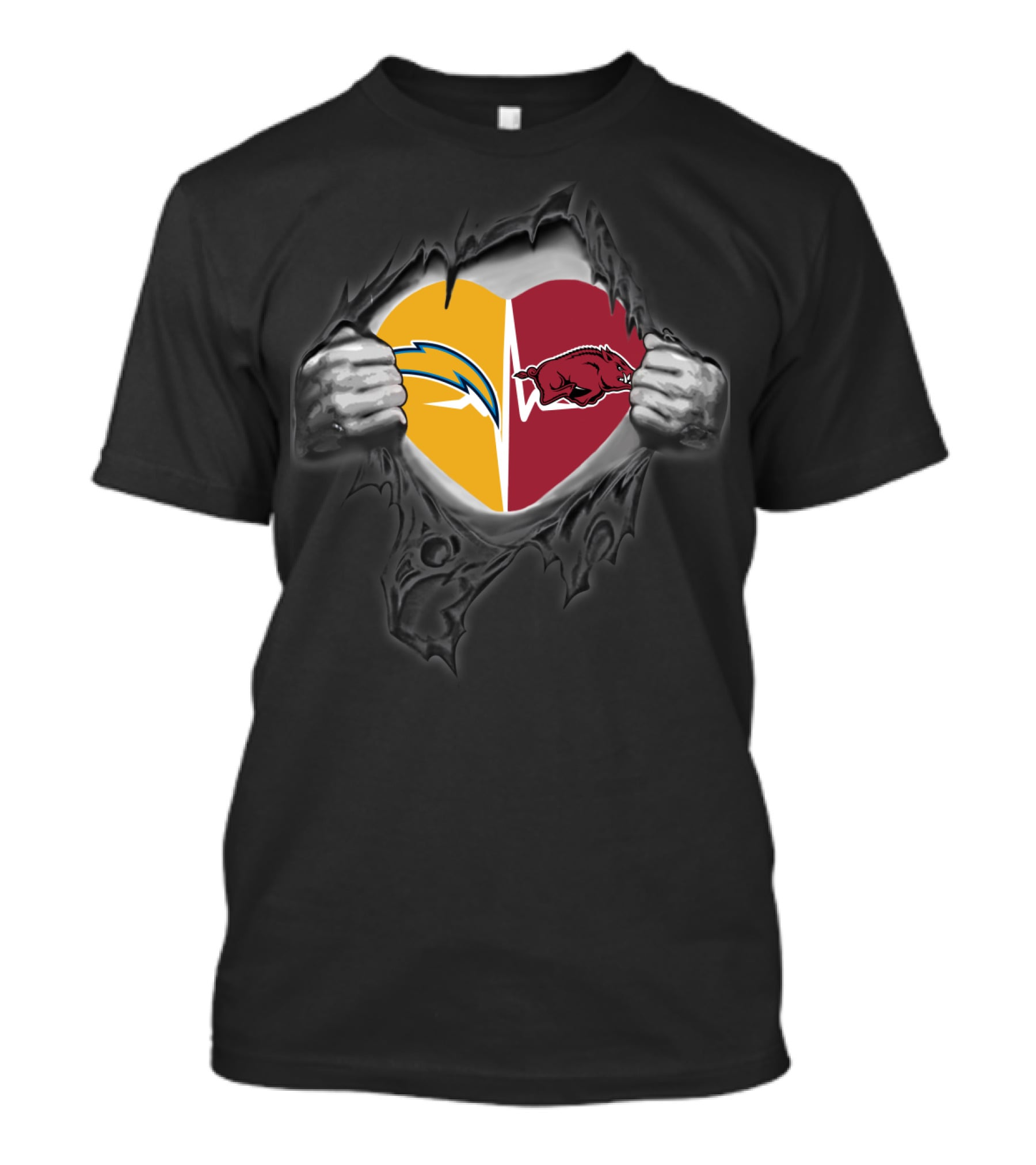 Los Angeles Chargers Arkansas Razorbacks Heart Tear Logo Fusion T-Shirt