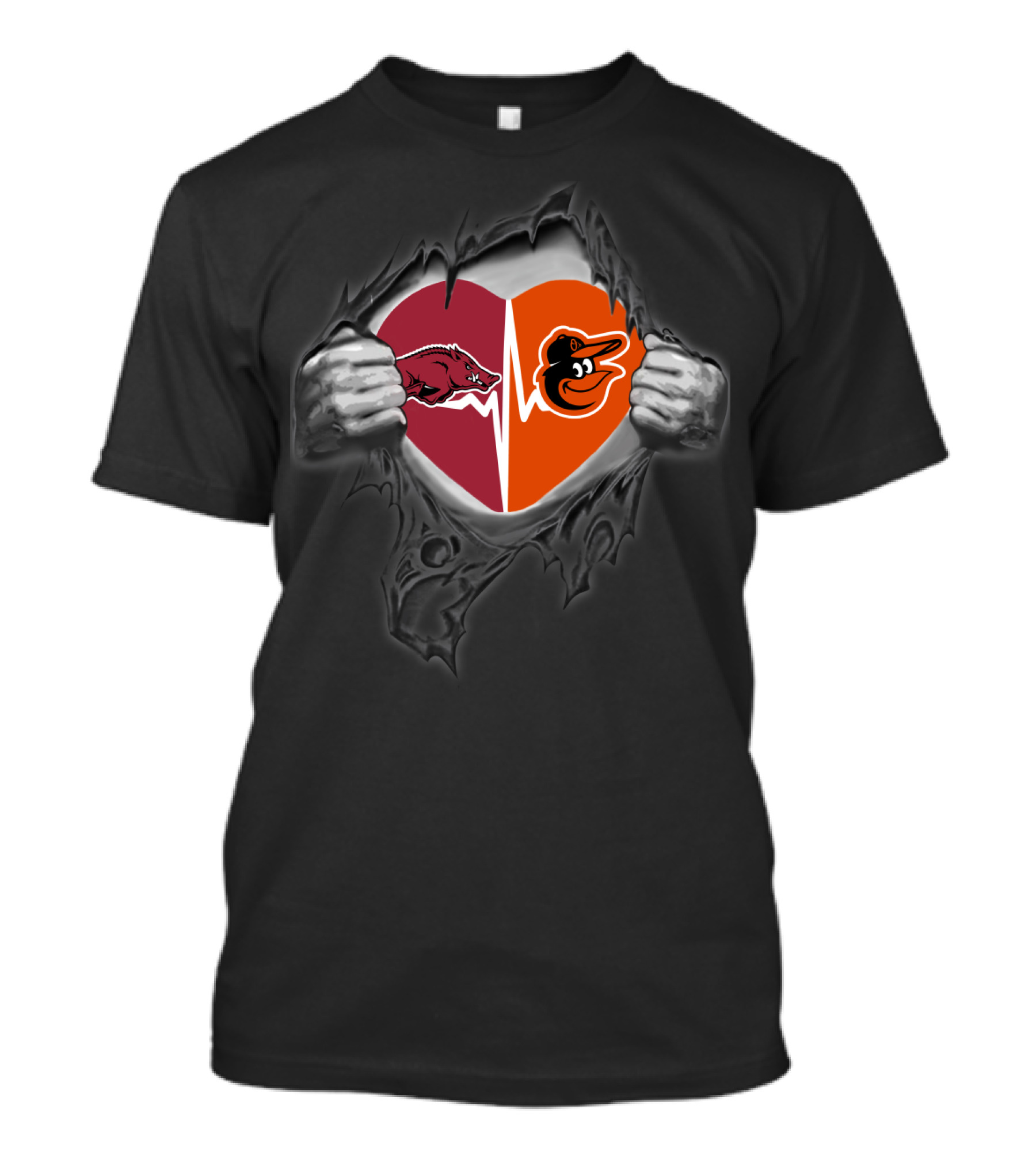 Arkansas Razorbacks Baltimore Orioles Heart Logos Pulled Open By Hands T-Shirt