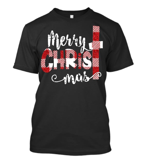 Merry Christ Mas Striped Cross Red Glitter T-Shirt