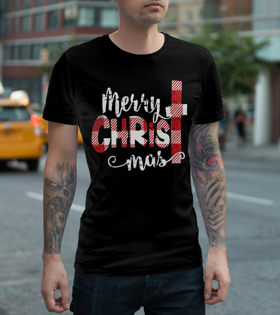 Merry Christ Mas Striped Cross Red Glitter T-Shirt
