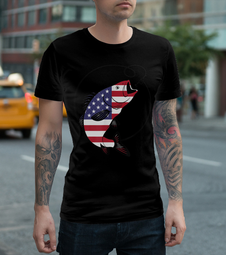 American Flag Fishing Vintage USA 4th Of July Patriotic Fish T-Shirt
