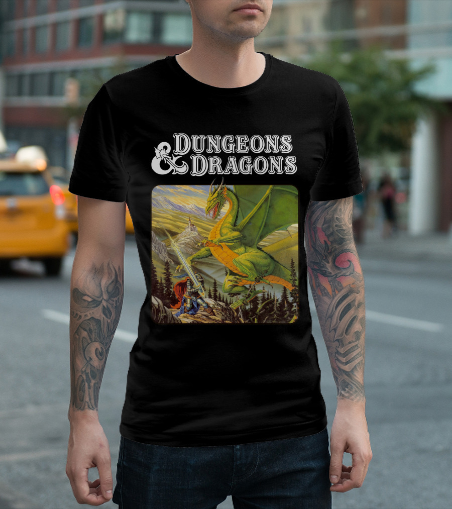 Dungeons and Dragons Knight Battling Green Dragon Scene T-Shirt