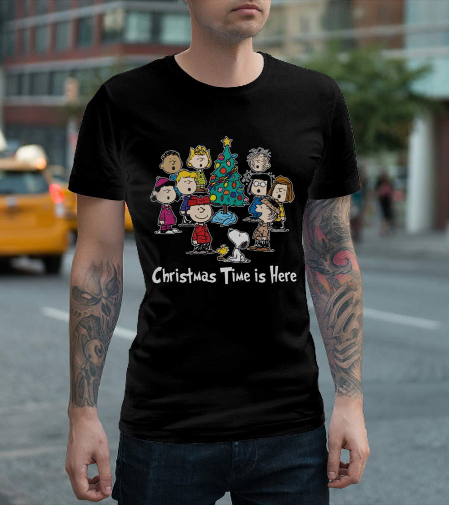 Christmas Time is Here Peanuts Characters Gather Around the Festive Tree T-Shirt