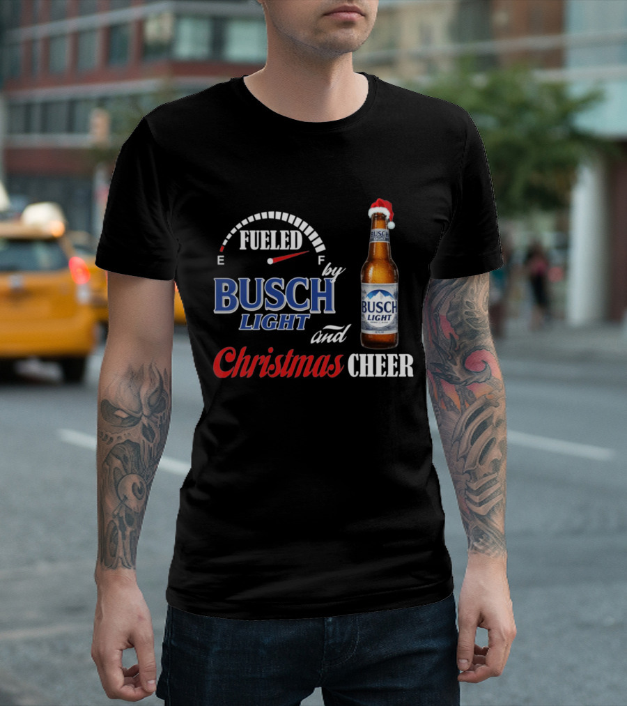 Fueled By Busch Light Christmas Cheer Beer Bottle Santa Hat T-Shirt