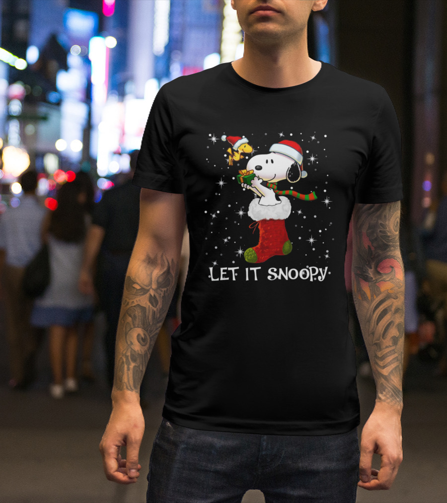 Let It Snoopy Snoopy In Christmas Sock With Santa Hat And Present T-Shirt