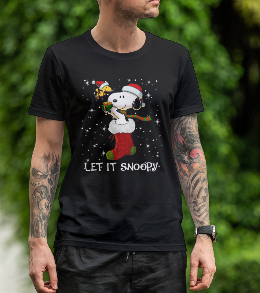 Let It Snoopy Snoopy In Christmas Sock With Santa Hat And Present T-Shirt