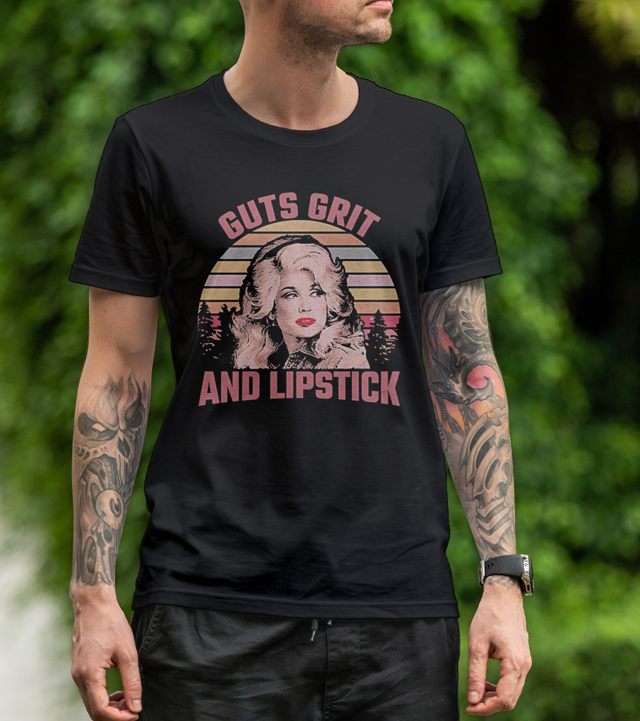Guts Grit And Lipstick Dolly Parton Country Music Lovers Retro Sunset T-Shirt