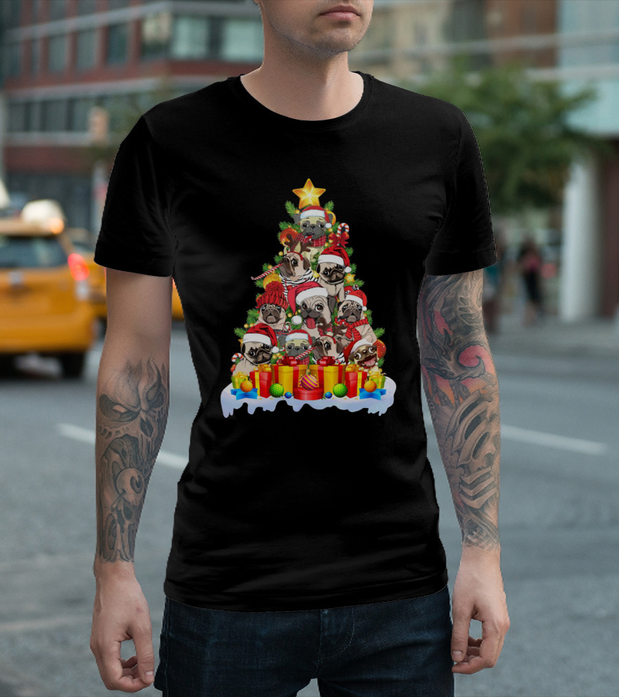 Pug Christmas Tree with Santa Hats and Presents T-Shirt