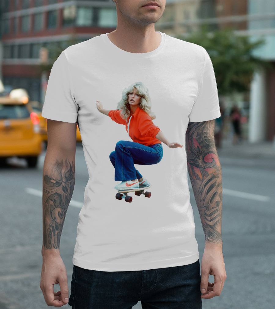 Farrah Fawcett Iconic Skateboarding Pose in Red Sweater and Sneakers T-Shirt