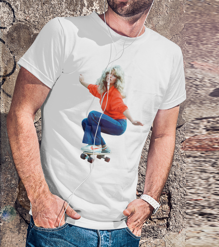 Farrah Fawcett Iconic Skateboarding Pose In Red Sweater And Sneakers T-Shirt