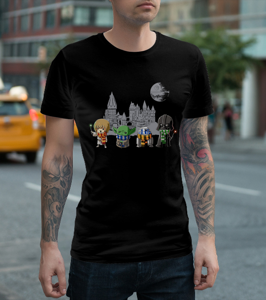 Star Wars Hogwarts Crossover with Luke Yoda R2-D2 and Darth Vader in House Scarves T-Shirt