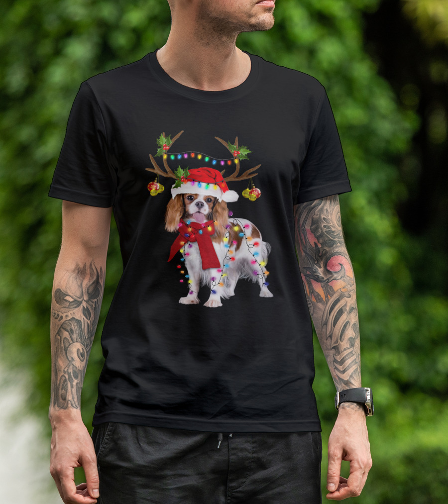Cavalier King Charles Spaniel Christmas Reindeer Lights T-Shirt