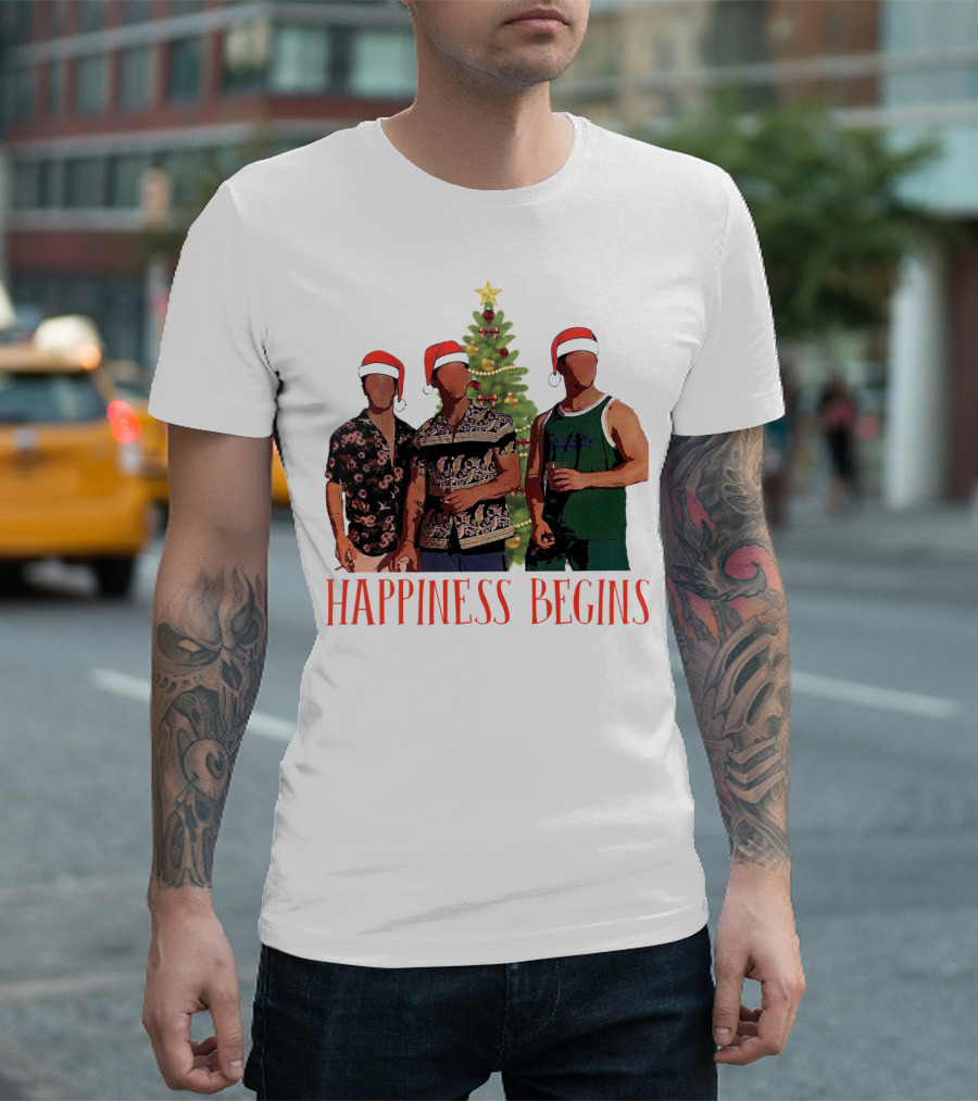 Happiness Begins Santa Trio with Christmas Tree T-Shirt