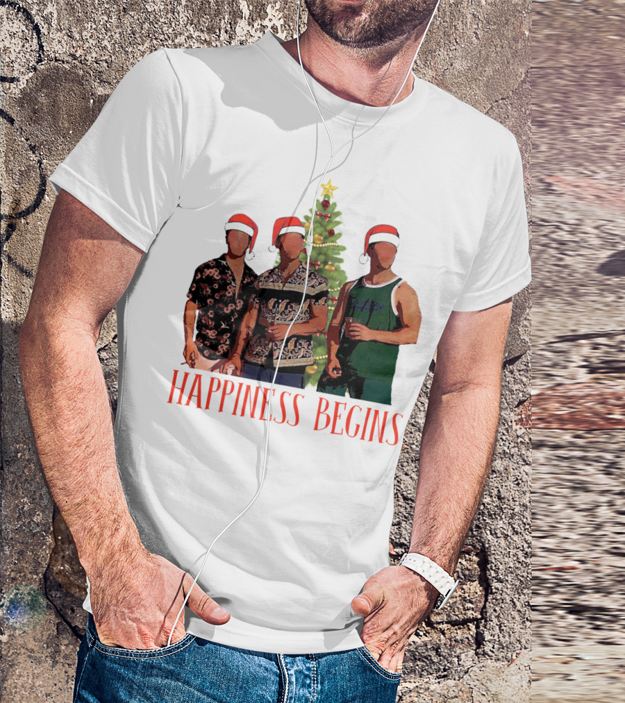 Happiness Begins Santa Trio With Christmas Tree T-Shirt