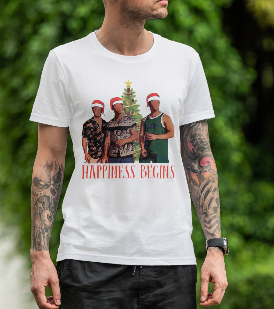 Happiness Begins Santa Trio With Christmas Tree T-Shirt