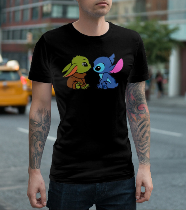Baby Yoda And Baby Stitch Cute Characters Crossover T-Shirt