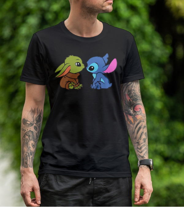 Baby Yoda And Baby Stitch Cute Characters Crossover T-Shirt