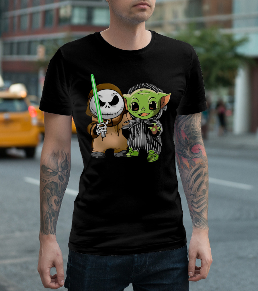 Jack Skellington in Jedi Robe and Baby Yoda in Striped Suit with Lightsaber T-Shirt